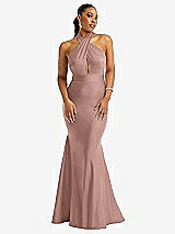 Front View Thumbnail - Neu Nude Criss Cross Halter Open-Back Stretch Satin Mermaid Dress