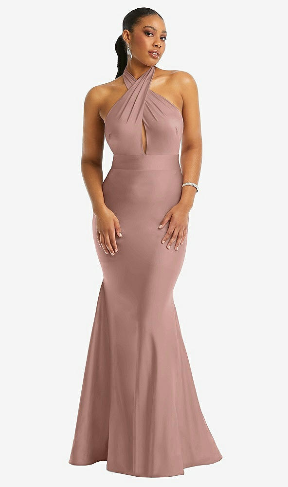 Front View - Neu Nude Criss Cross Halter Open-Back Stretch Satin Mermaid Dress