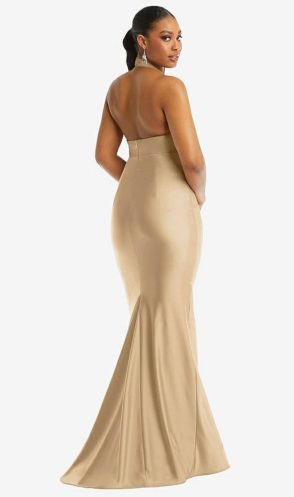 Back View - Soft Gold Criss Cross Halter Open-Back Stretch Satin Mermaid Dress