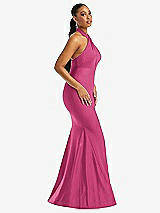 Side View Thumbnail - Tea Rose Criss Cross Halter Open-Back Stretch Satin Mermaid Dress