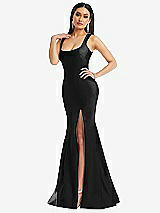 Alt View 2 Thumbnail - Black Square Neck Stretch Satin Mermaid Dress with Slight Train