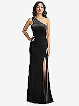 Front View Thumbnail - Black One-Shoulder Velvet Trumpet Gown with Front Slit