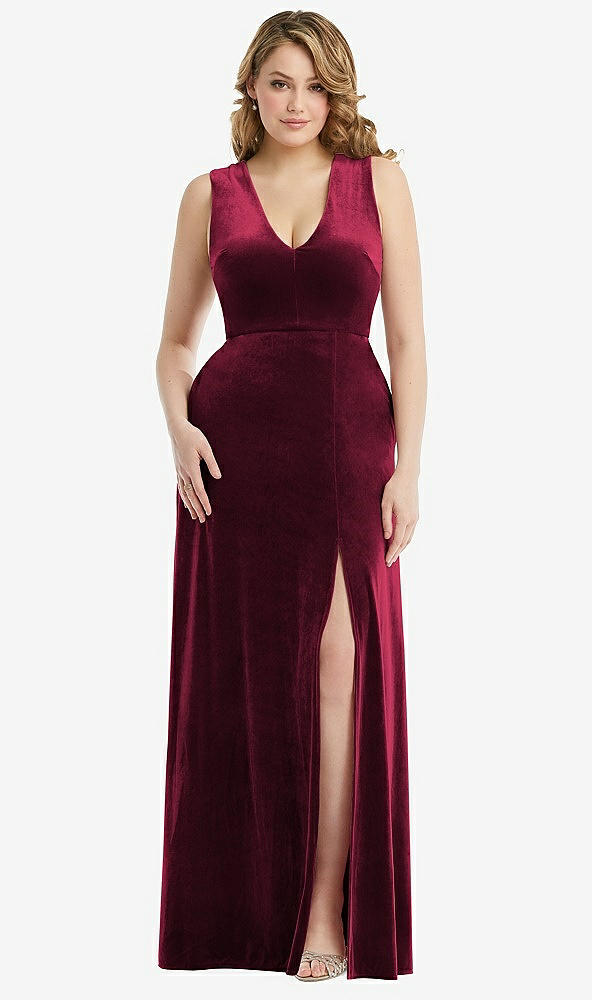 Front View - Cabernet Deep V-Neck Sleeveless Velvet Maxi Dress with Pockets