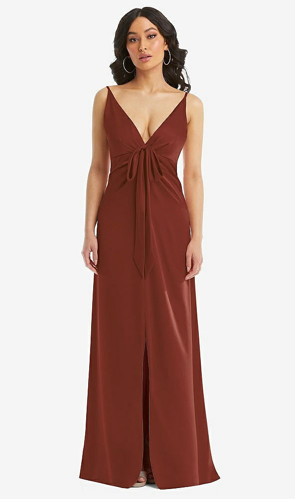 Front View - Auburn Moon Skinny Strap Plunge Neckline Maxi Dress with Bow Detail