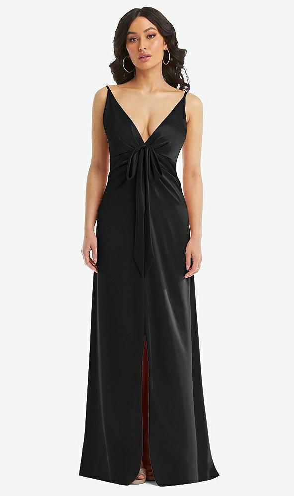 Front View - Black Skinny Strap Plunge Neckline Maxi Dress with Bow Detail