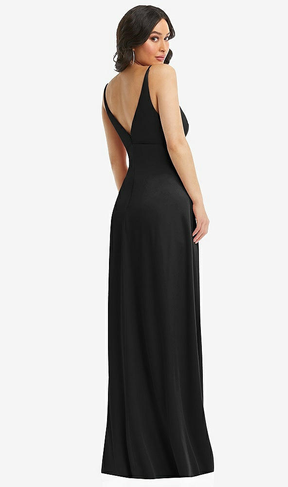 Back View - Black Skinny Strap Plunge Neckline Maxi Dress with Bow Detail