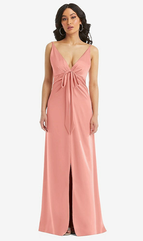 Front View - Rose - PANTONE Rose Quartz Skinny Strap Plunge Neckline Maxi Dress with Bow Detail