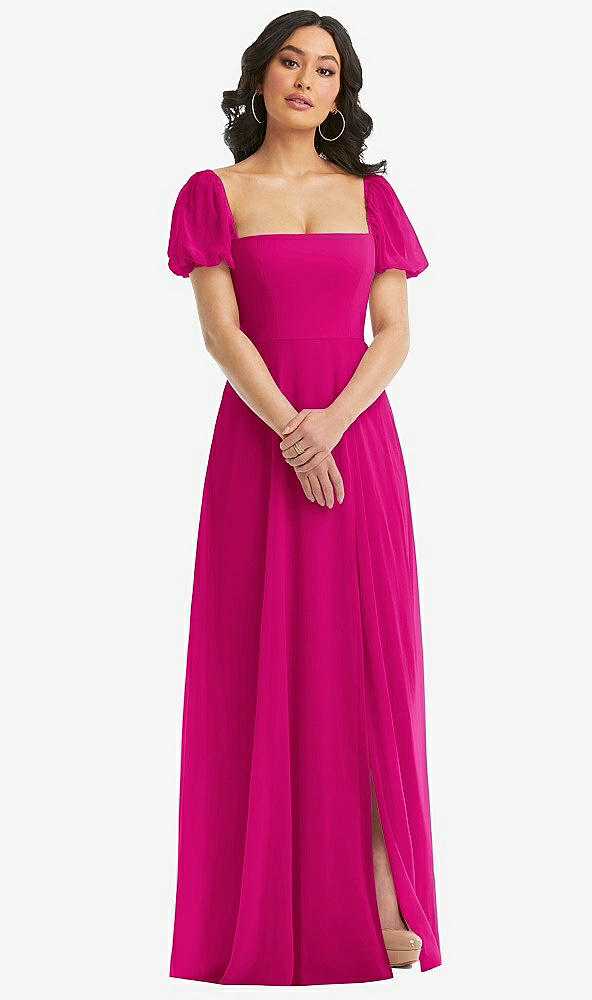 Front View - Think Pink Puff Sleeve Chiffon Maxi Dress with Front Slit