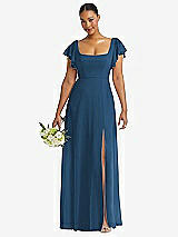 Front View Thumbnail - Dusk Blue Flutter Sleeve Scoop Open-Back Chiffon Maxi Dress