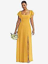 Front View Thumbnail - NYC Yellow Flutter Sleeve Scoop Open-Back Chiffon Maxi Dress