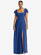 Alt View 1 Thumbnail - Classic Blue Flutter Sleeve Scoop Open-Back Chiffon Maxi Dress