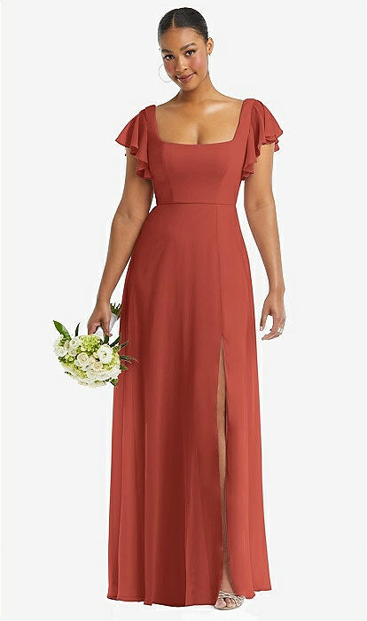 Flutter Sleeve Scoop Open-back Chiffon Maxi Bridesmaid Dress In Amber  Sunset | The Dessy Group