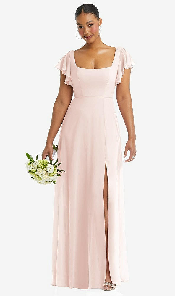 Front View - Blush Flutter Sleeve Scoop Open-Back Chiffon Maxi Dress