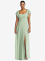 Alt View 1 Thumbnail - Celadon Flutter Sleeve Scoop Open-Back Chiffon Maxi Dress