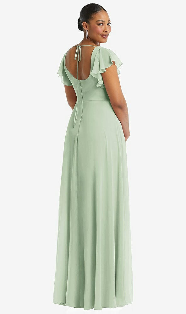 Back View - Celadon Flutter Sleeve Scoop Open-Back Chiffon Maxi Dress