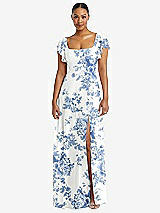 Alt View 1 Thumbnail - Cottage Rose Dusk Blue Flutter Sleeve Scoop Open-Back Chiffon Maxi Dress