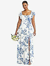 Front View Thumbnail - Cottage Rose Dusk Blue Flutter Sleeve Scoop Open-Back Chiffon Maxi Dress