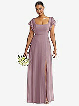 Front View Thumbnail - Dusty Rose Flutter Sleeve Scoop Open-Back Chiffon Maxi Dress