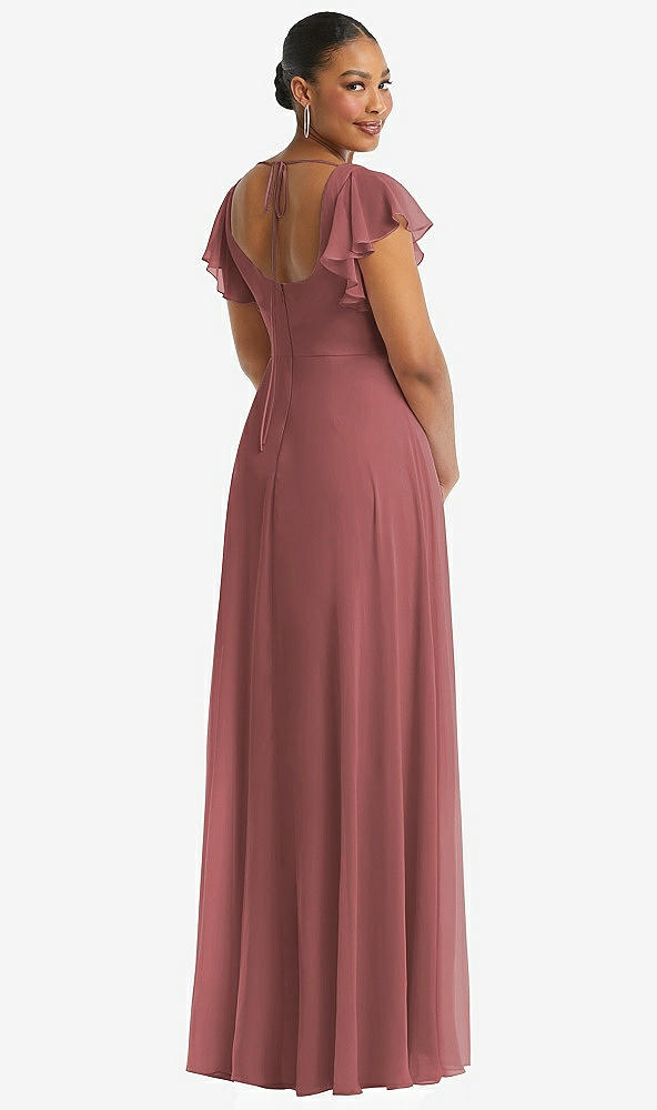 Back View - English Rose Flutter Sleeve Scoop Open-Back Chiffon Maxi Dress