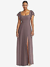 Alt View 1 Thumbnail - French Truffle Flutter Sleeve Scoop Open-Back Chiffon Maxi Dress