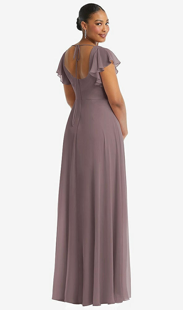 Back View - French Truffle Flutter Sleeve Scoop Open-Back Chiffon Maxi Dress