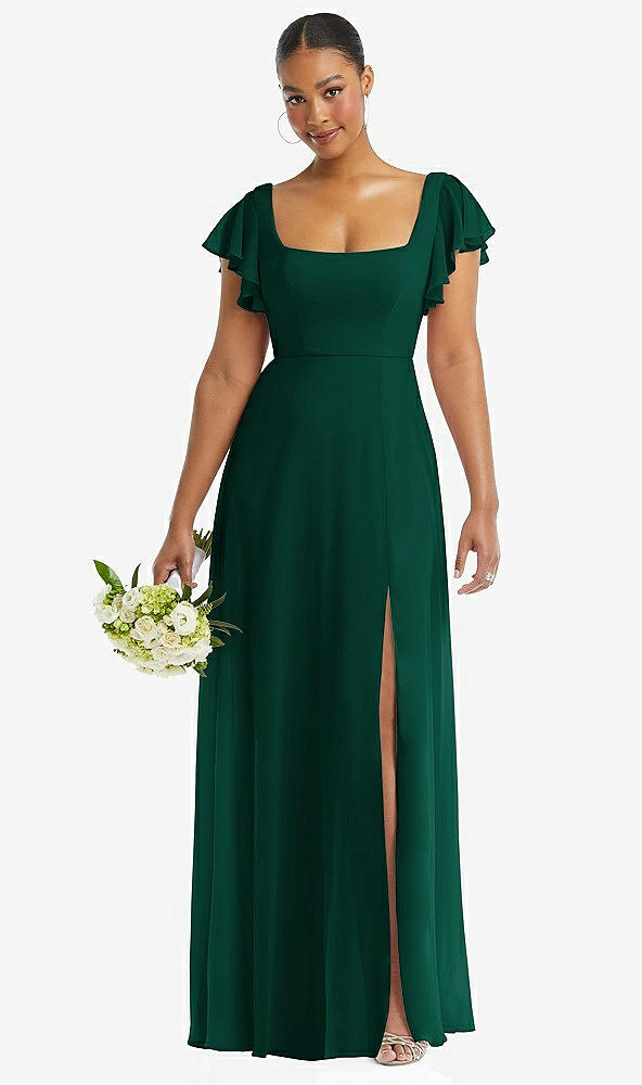 Front View - Hunter Green Flutter Sleeve Scoop Open-Back Chiffon Maxi Dress