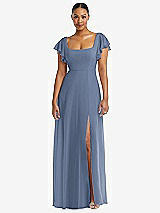 Alt View 1 Thumbnail - Larkspur Blue Flutter Sleeve Scoop Open-Back Chiffon Maxi Dress