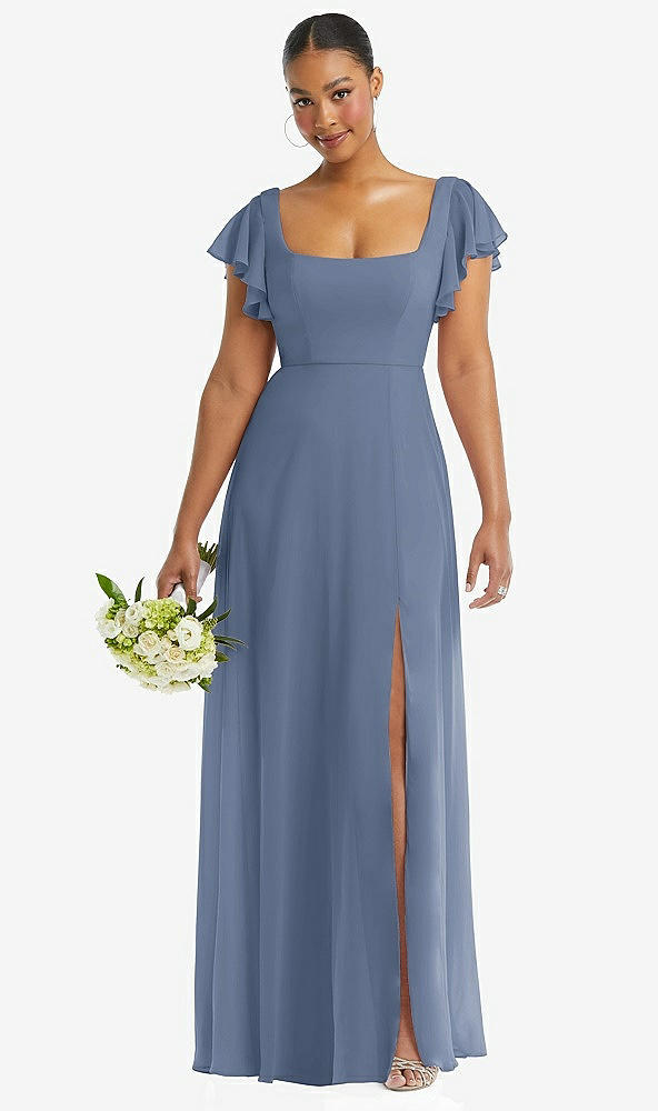 Front View - Larkspur Blue Flutter Sleeve Scoop Open-Back Chiffon Maxi Dress