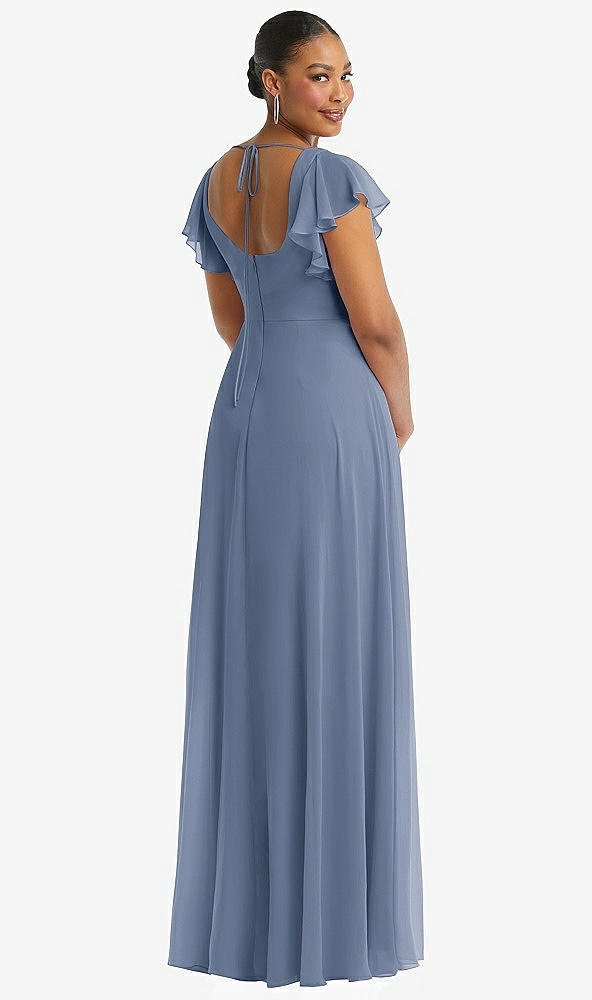 Back View - Larkspur Blue Flutter Sleeve Scoop Open-Back Chiffon Maxi Dress