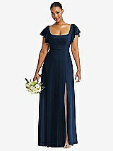 Front View Thumbnail - Midnight Navy Flutter Sleeve Scoop Open-Back Chiffon Maxi Dress