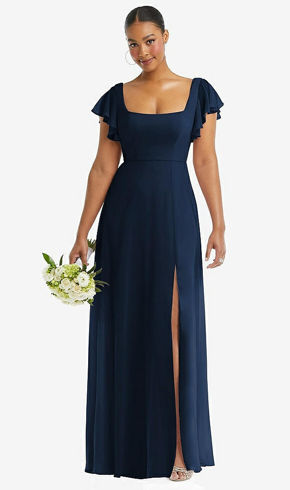 Front View - Midnight Navy Flutter Sleeve Scoop Open-Back Chiffon Maxi Dress