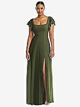 Alt View 1 Thumbnail - Olive Green Flutter Sleeve Scoop Open-Back Chiffon Maxi Dress