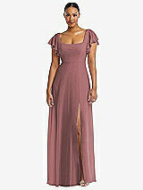 Alt View 1 Thumbnail - Rosewood Flutter Sleeve Scoop Open-Back Chiffon Maxi Dress