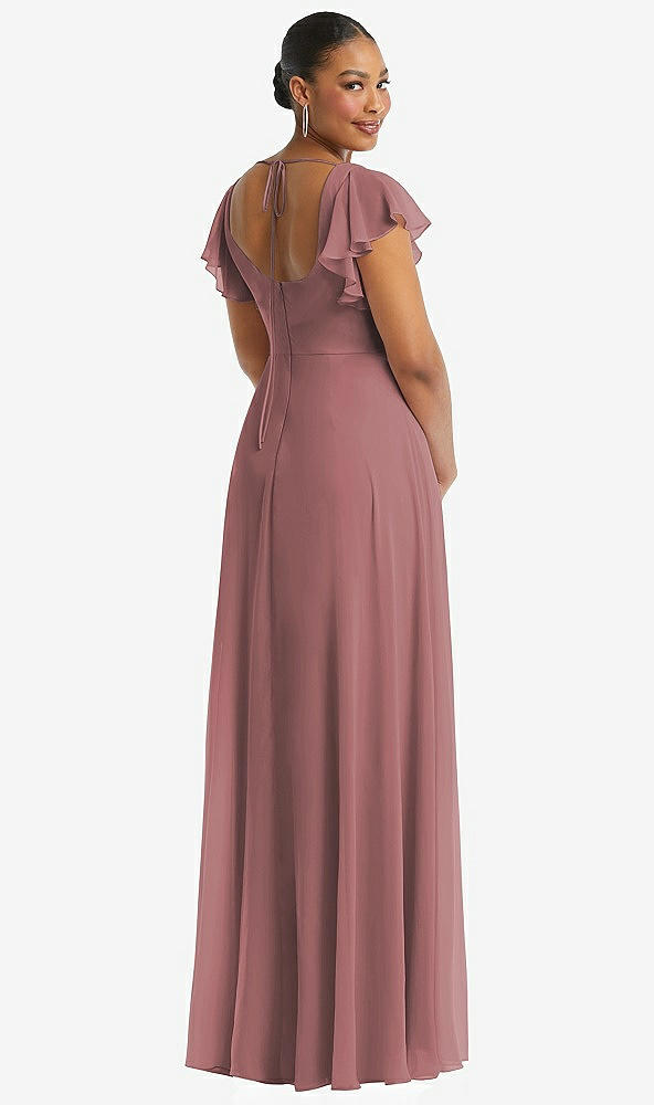 Back View - Rosewood Flutter Sleeve Scoop Open-Back Chiffon Maxi Dress