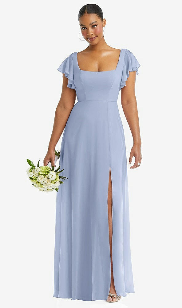 Front View - Sky Blue Flutter Sleeve Scoop Open-Back Chiffon Maxi Dress