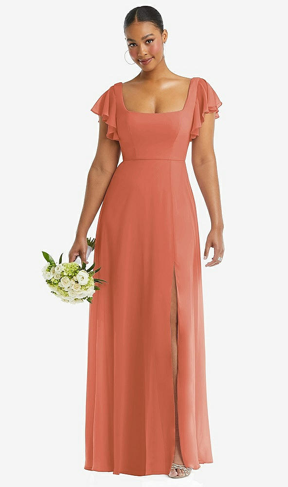 Front View - Terracotta Copper Flutter Sleeve Scoop Open-Back Chiffon Maxi Dress