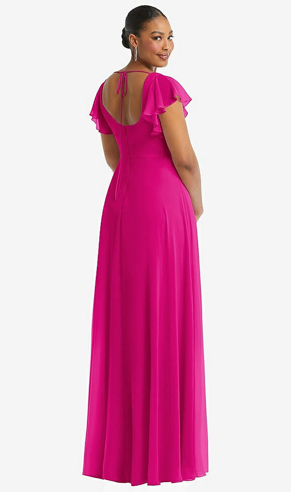 Back View - Think Pink Flutter Sleeve Scoop Open-Back Chiffon Maxi Dress