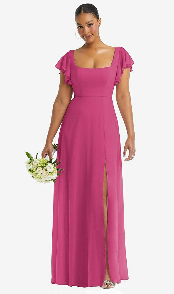 Front View - Tea Rose Flutter Sleeve Scoop Open-Back Chiffon Maxi Dress