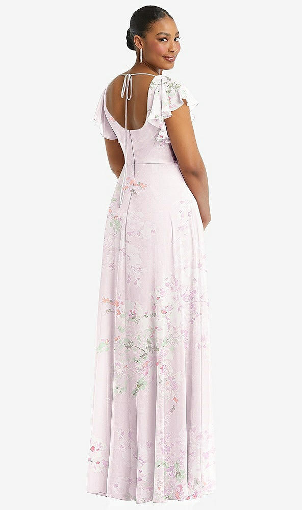 Back View - Watercolor Print Flutter Sleeve Scoop Open-Back Chiffon Maxi Dress