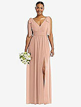 Alt View 1 Thumbnail - Pale Peach Plunge Neckline Bow Shoulder Empire Waist Chiffon Maxi Dress