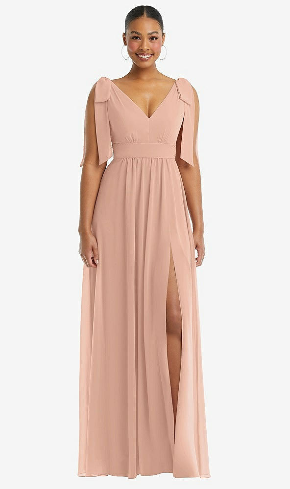 Front View - Pale Peach Plunge Neckline Bow Shoulder Empire Waist Chiffon Maxi Dress