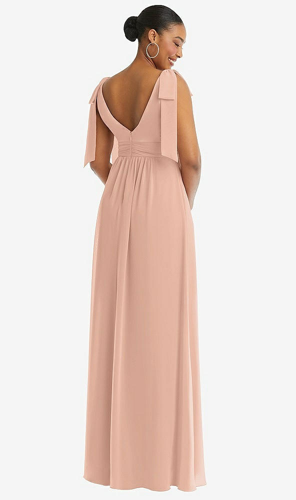 Back View - Pale Peach Plunge Neckline Bow Shoulder Empire Waist Chiffon Maxi Dress