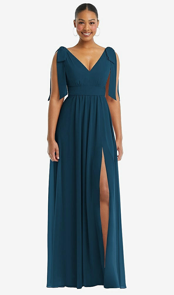 Front View - Atlantic Blue Plunge Neckline Bow Shoulder Empire Waist Chiffon Maxi Dress