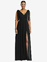 Front View Thumbnail - Black Plunge Neckline Bow Shoulder Empire Waist Chiffon Maxi Dress