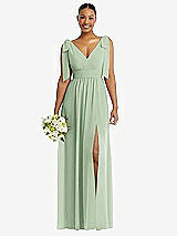 Alt View 1 Thumbnail - Celadon Plunge Neckline Bow Shoulder Empire Waist Chiffon Maxi Dress