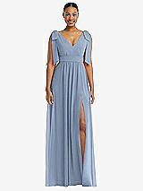 Front View Thumbnail - Cloudy Plunge Neckline Bow Shoulder Empire Waist Chiffon Maxi Dress