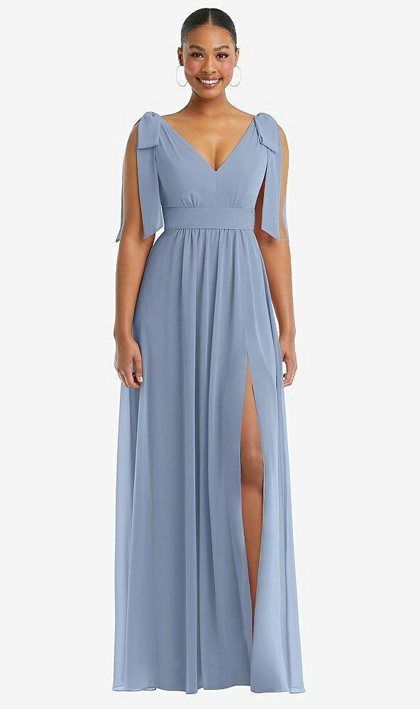 Front View - Cloudy Plunge Neckline Bow Shoulder Empire Waist Chiffon Maxi Dress