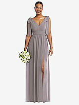 Alt View 1 Thumbnail - Cashmere Gray Plunge Neckline Bow Shoulder Empire Waist Chiffon Maxi Dress