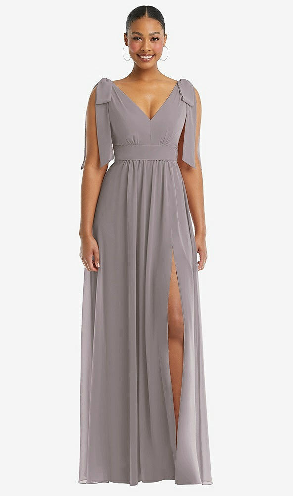 Front View - Cashmere Gray Plunge Neckline Bow Shoulder Empire Waist Chiffon Maxi Dress