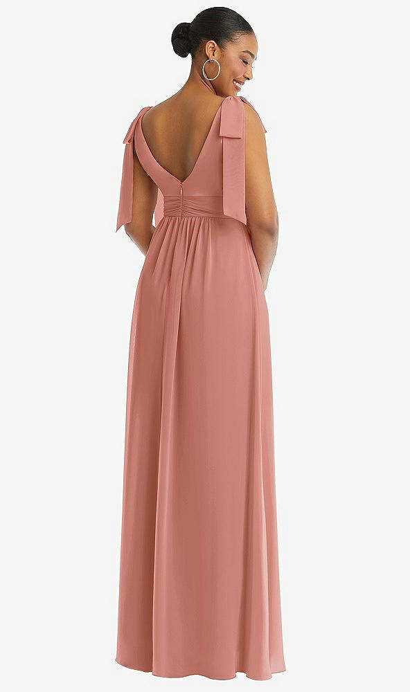 Back View - Desert Rose Plunge Neckline Bow Shoulder Empire Waist Chiffon Maxi Dress